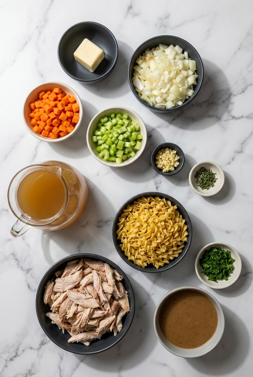 Flat lay of ingredients for leftover turkey soup including mirepoix, fresh thyme, egg noodles, and leftover turkey gravy.