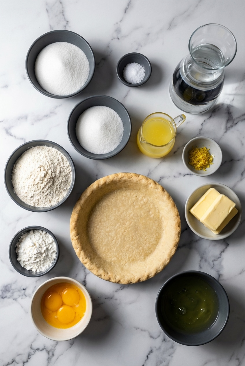 Flat lay of lemon meringue pie ingredients including fresh lemon zest, egg whites, and cornstarch for the slurry.