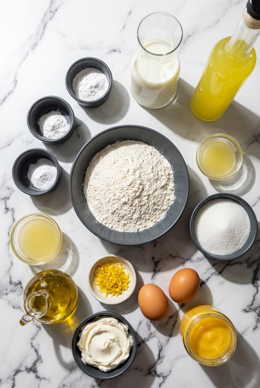 Flat lay of ingredients for limoncello mascarpone cake including mascarpone cheese, lemon curd, and citrus zest.