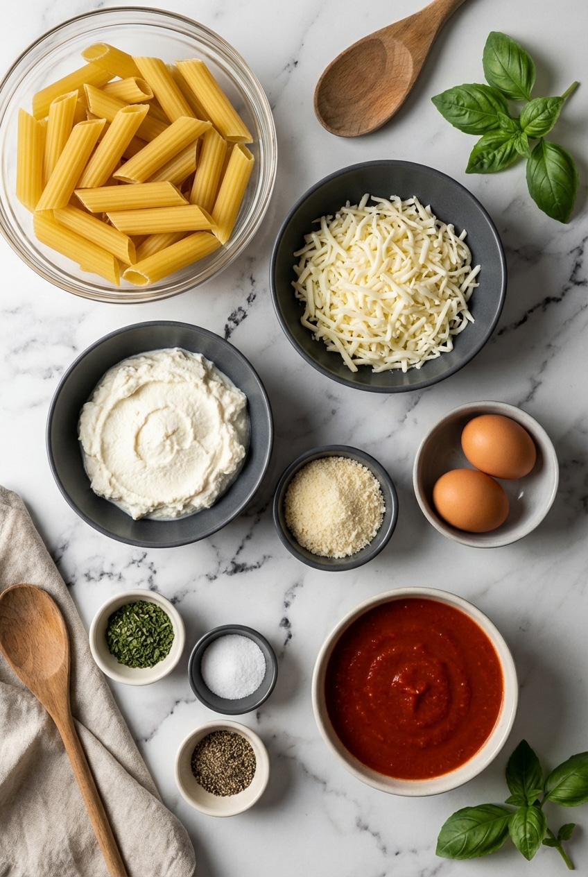 Flat lay of whole milk ricotta, mozzarella, and parmesan cheese for a classic Manicotti Recipe.