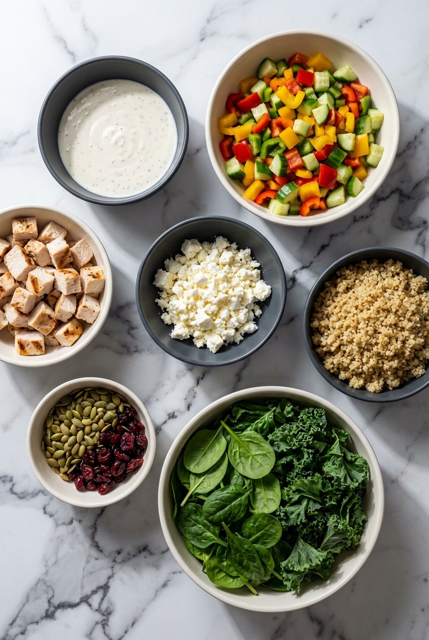 Flat lay of mason jar salad ingredients including quinoa, chickpeas, sturdy vegetables, and hydroponic lettuce.