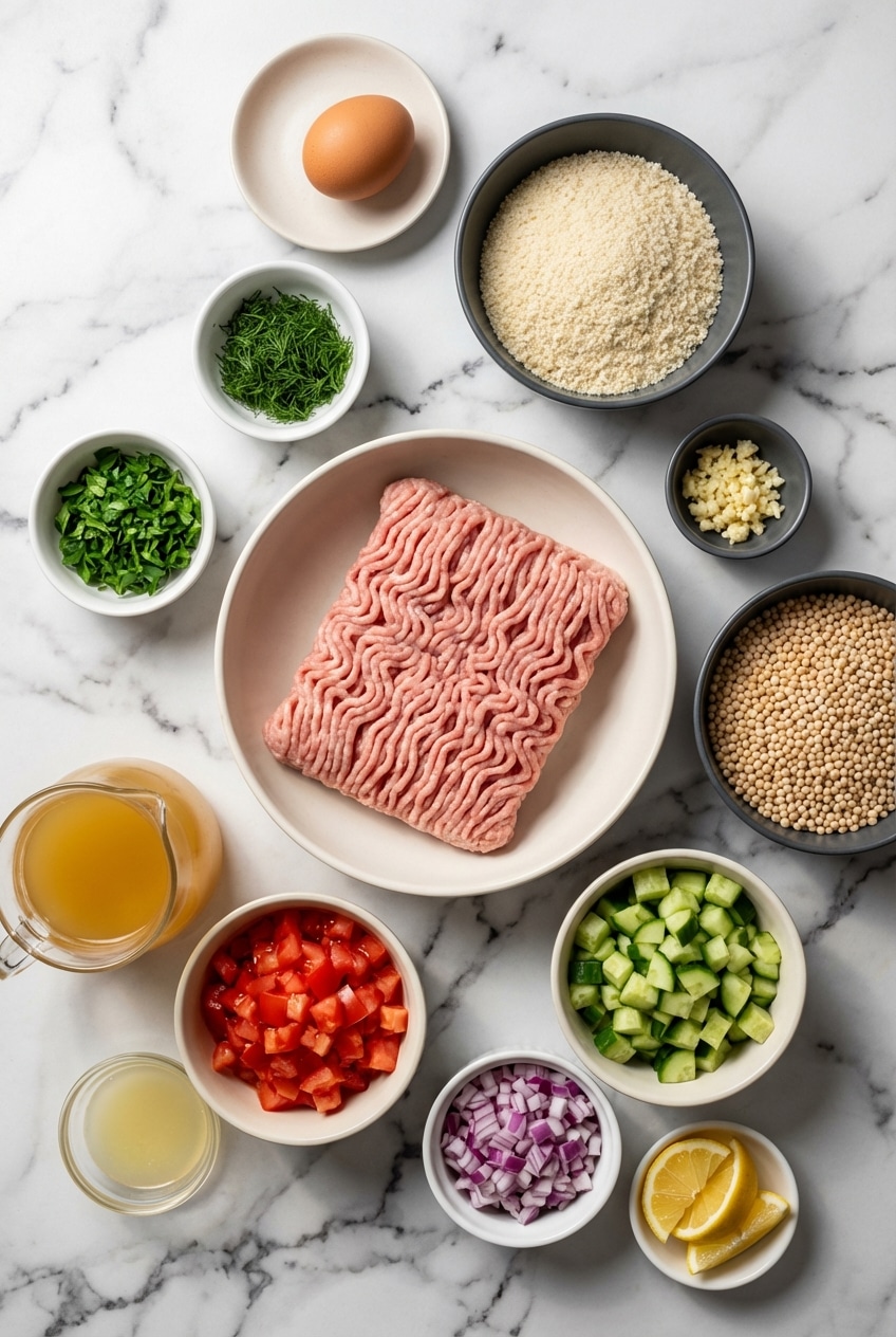 Overhead view of ingredients for a Mediterranean Meatball Bowl including ground turkey, Israeli couscous, fresh dill, and block feta