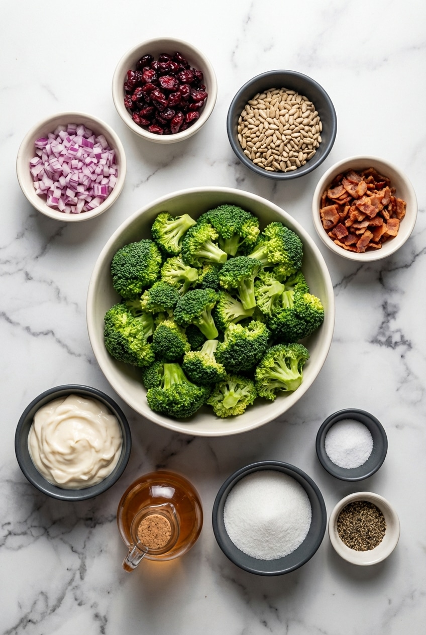Raw cruciferous vegetables, sunflower kernels, dried cranberries, and apple cider vinegar for a broccoli salad.