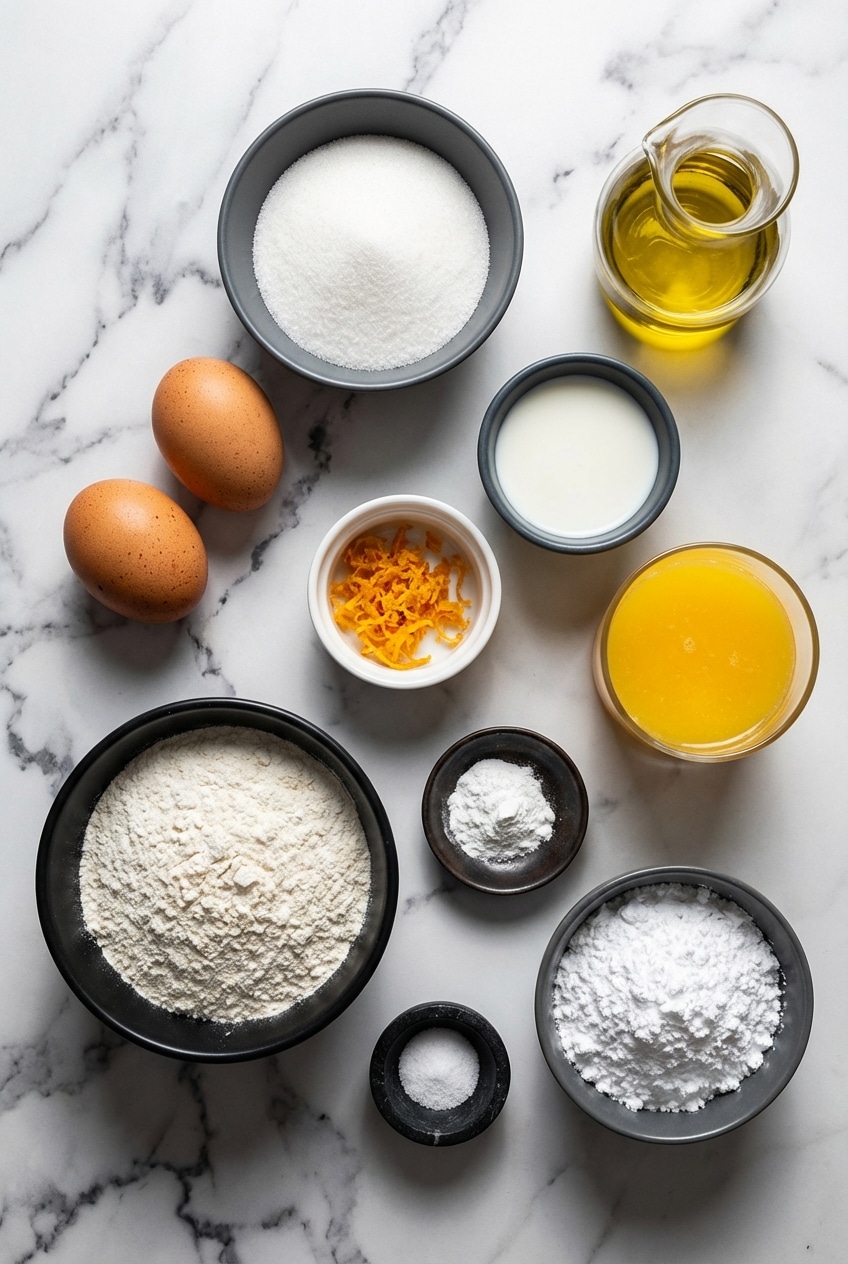Ingredients for orange olive oil cake arranged flat lay, including extra virgin olive oil, fresh oranges, and baking staples.