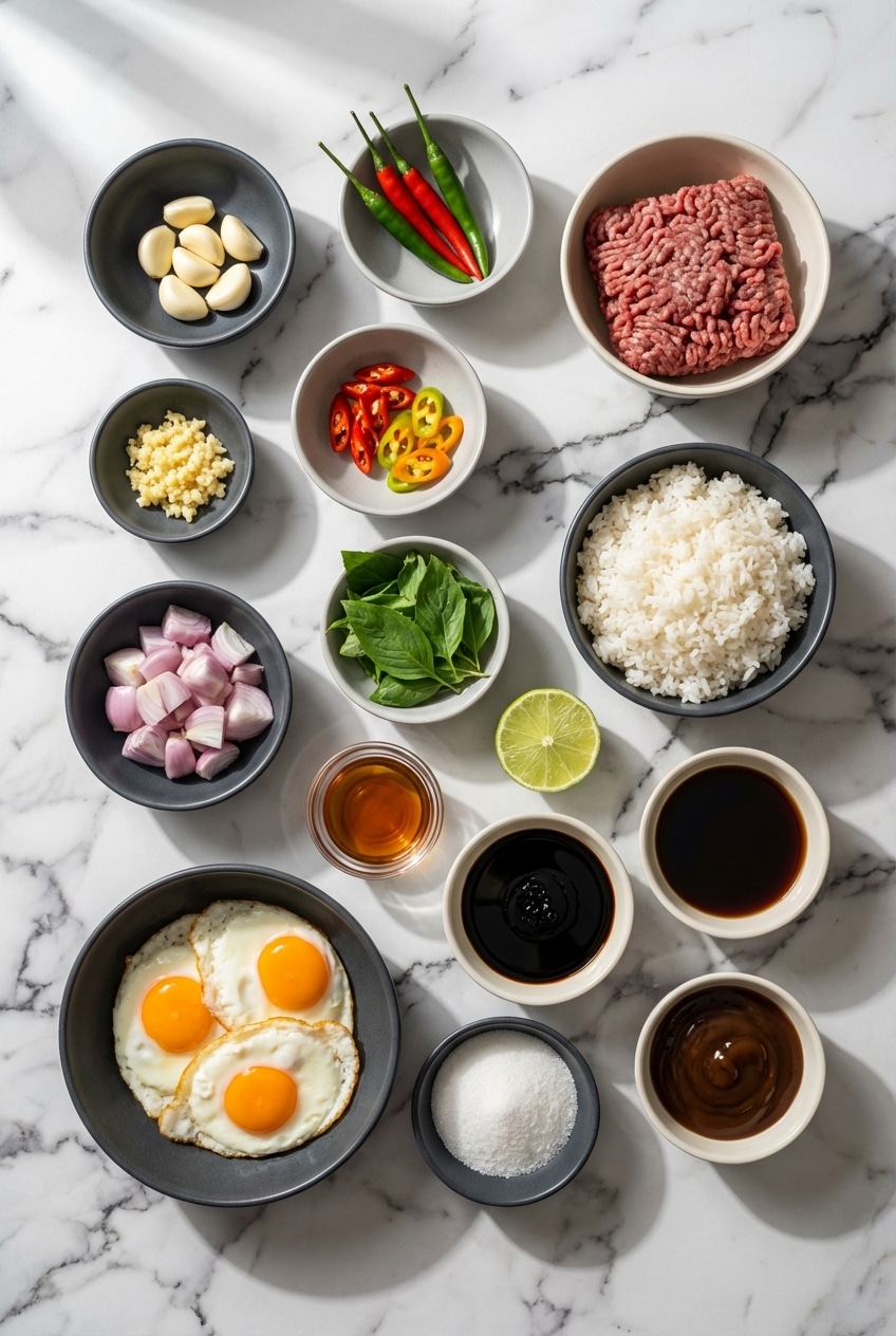 Raw ingredients for a pad kra pao recipe laid out, including ground pork, Thai Holy Basil, and Thai bird's eye chilies.