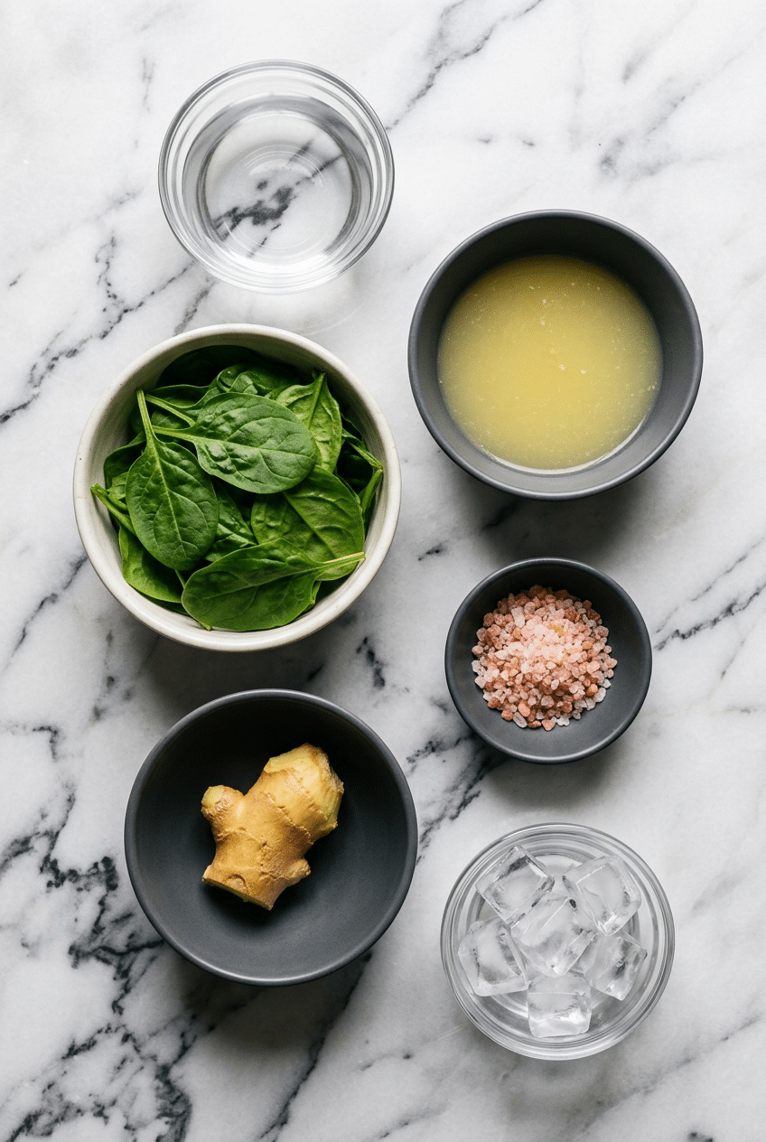 Flat lay of pink salt detox smoothie ingredients including Himalayan pink salt, fresh spinach, green apple, and chia seeds.