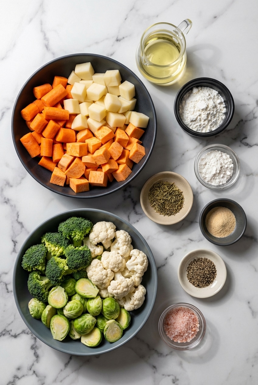 Overhead view of raw root vegetables, a bowl of Himalayan pink salt, and avocado oil arranged for pink salt roasted vegetables.