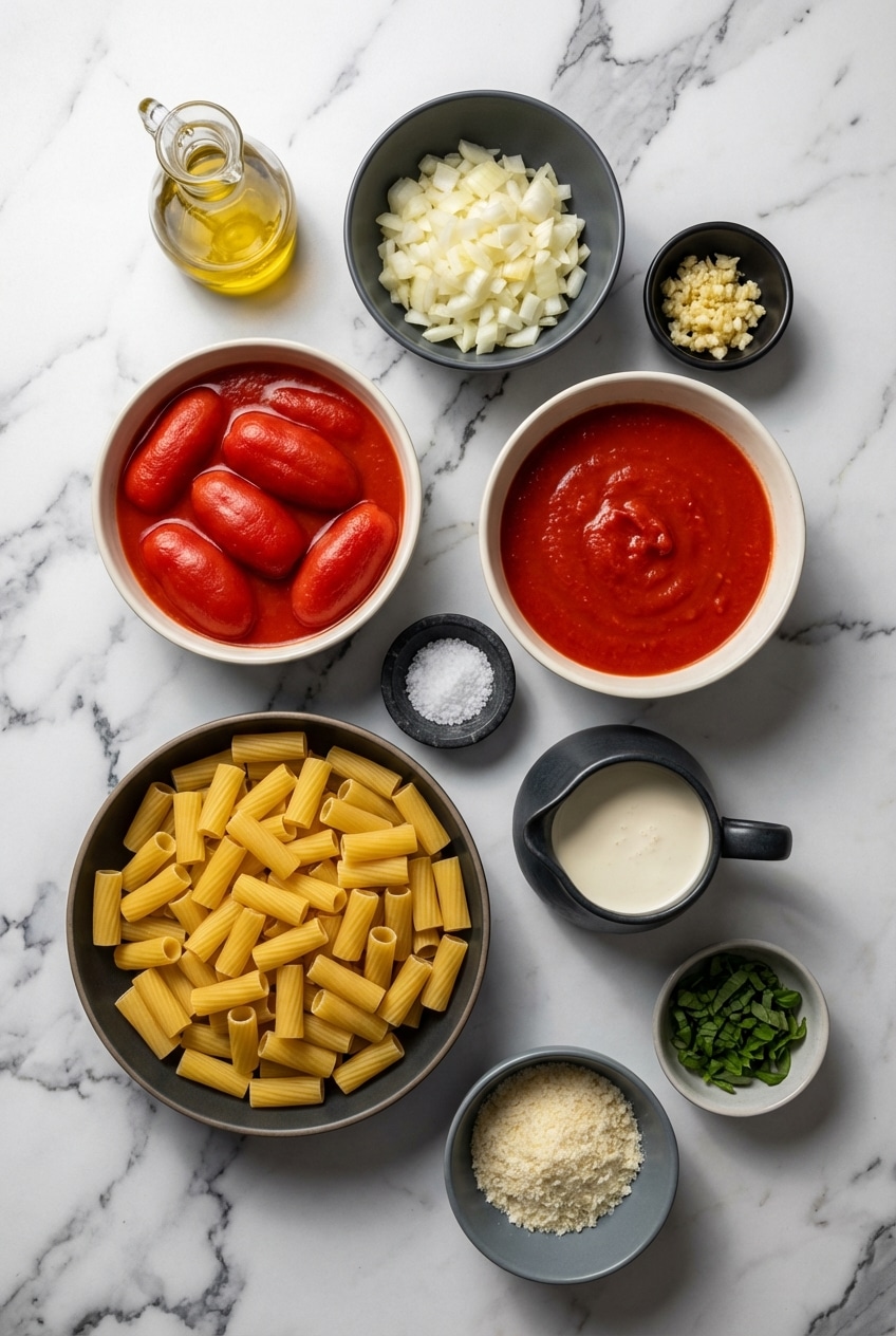 Overhead arrangement of raw San Marzano tomatoes, heavy cream, and rigatoni ingredients for making Pink Sauce Pasta.
