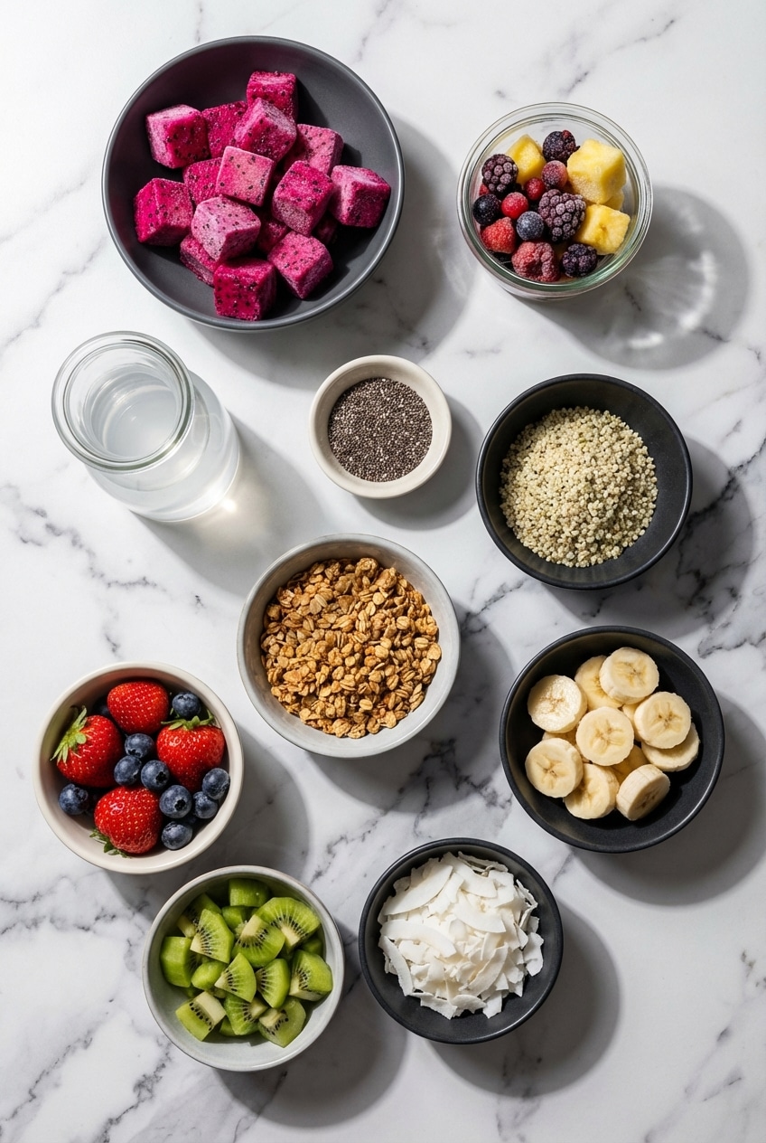 Overhead view of ingredients for pitaya bowls featuring dragon fruit, coconut water, granola, and a pinch of salt.