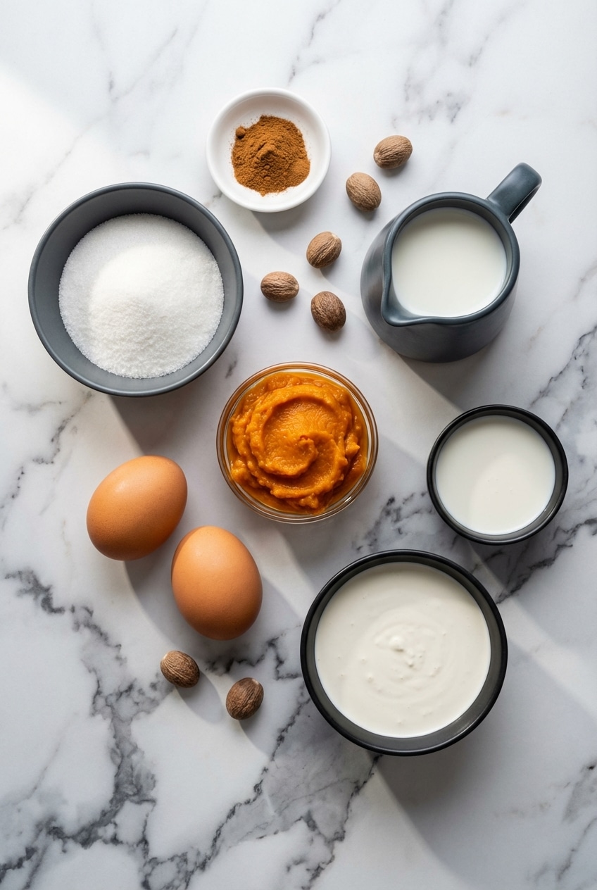 Overhead view of pumpkin puree, heavy cream, pasteurized eggs, and pumpkin pie spice arranged for making eggnog
