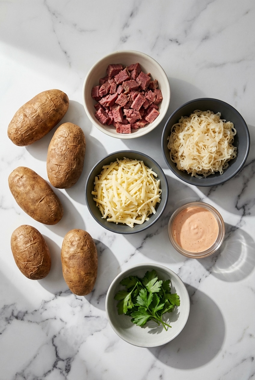 Raw ingredients for Reuben Stuffed Baked Potatoes including Russet potatoes, corned beef, sauerkraut, and Swiss cheese.