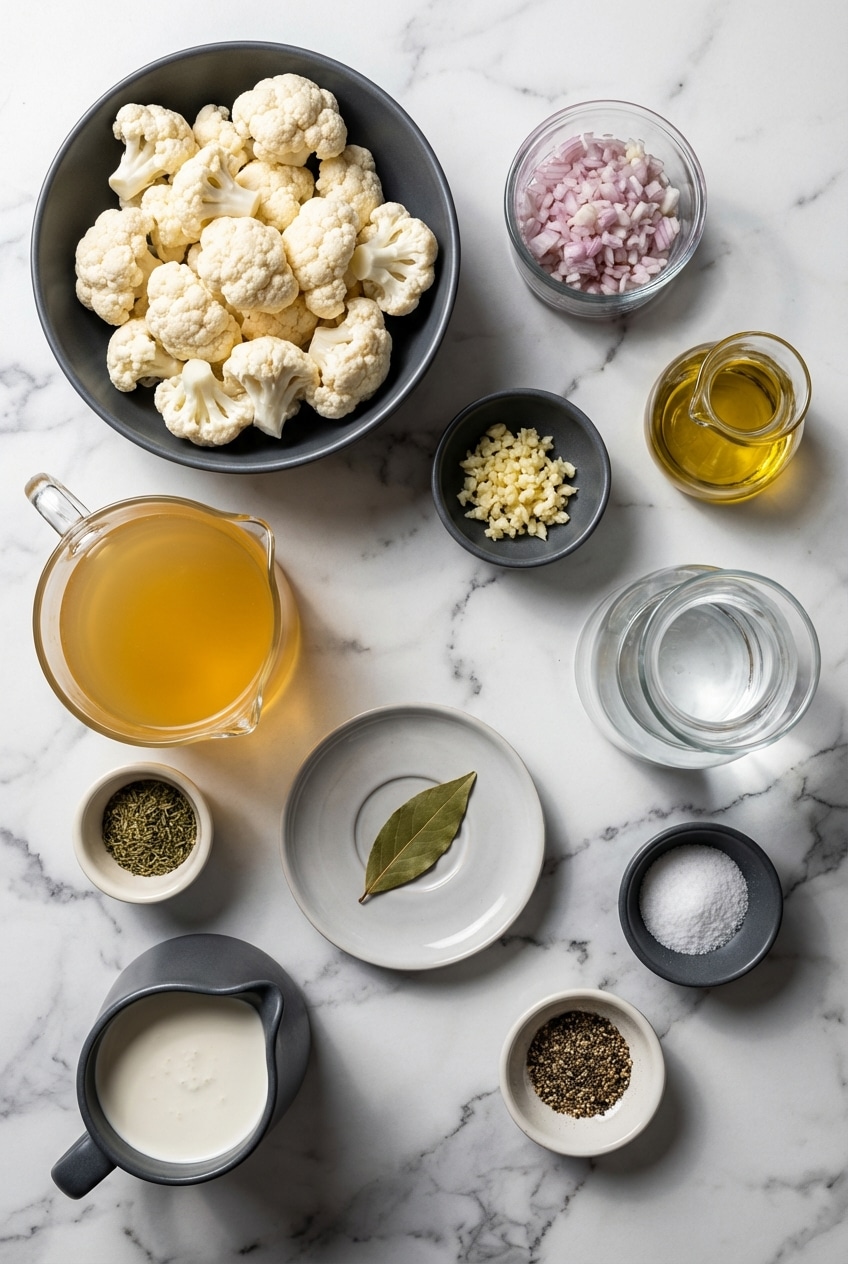 Mise en place for roasted cauliflower soup featuring Brassica oleracea florets, shallots, and vegetable stock.