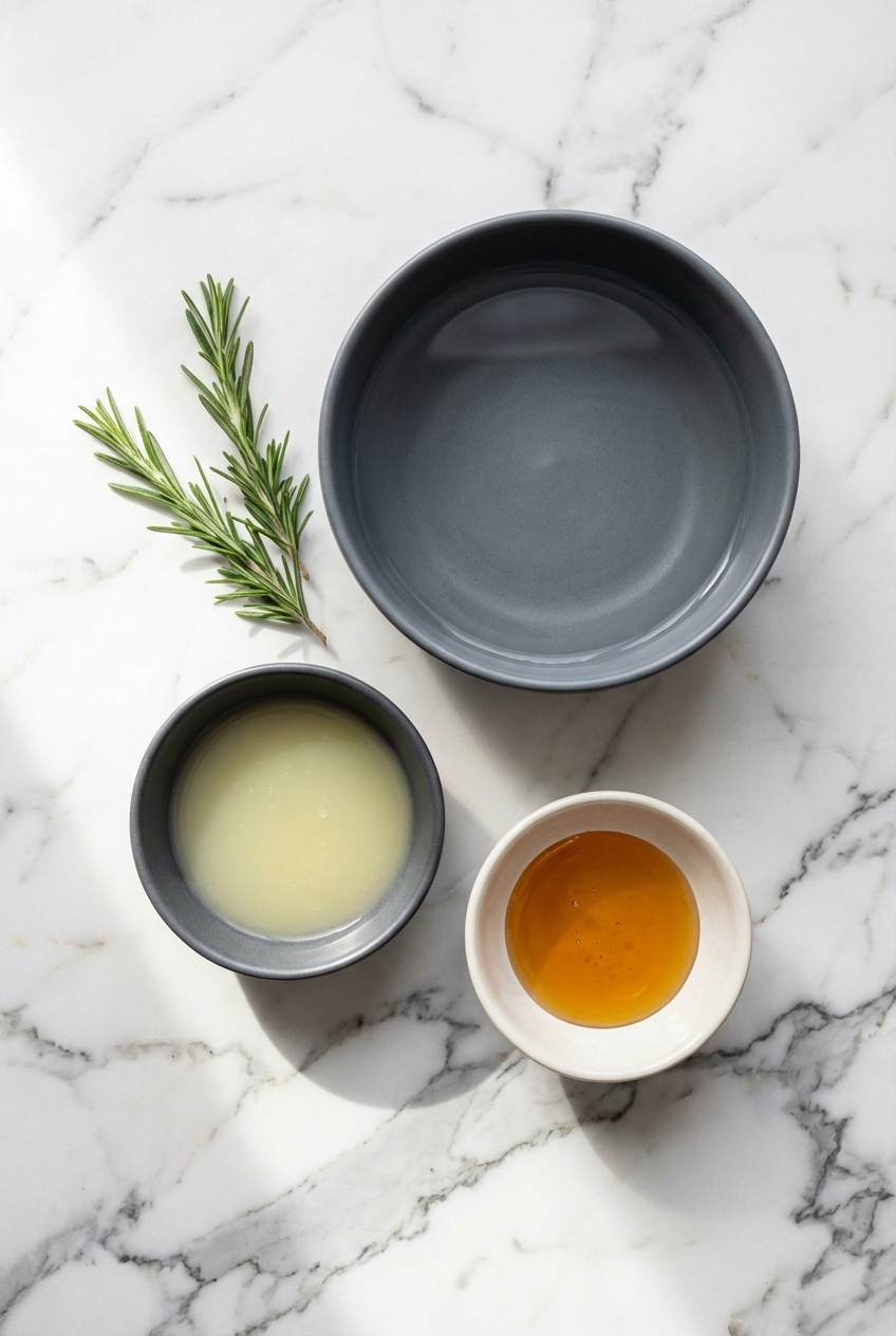 Fresh sprigs of Rosmarinus officinalis, a bright yellow lemon, and honey laid out for a comforting rosemary tea recipe.