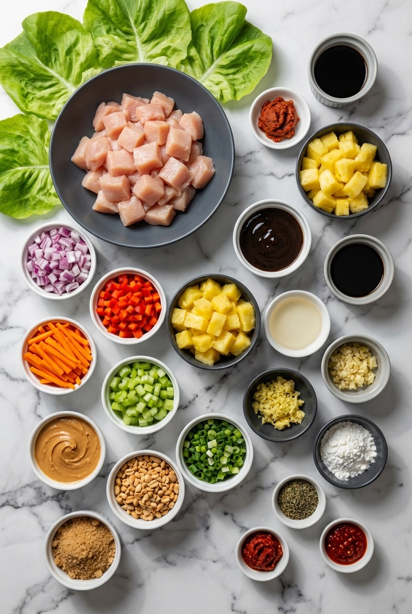 Flat lay of ingredients for Thai Chicken Lettuce Wraps including ground chicken, fresh bibb lettuce, and red curry paste