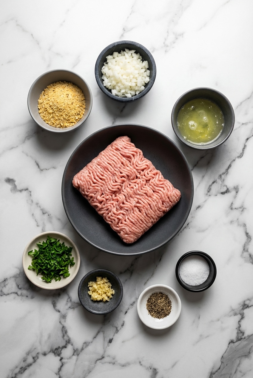 Overhead view of raw ground turkey, mayonnaise, seasoned bread crumbs, and spices arranged for Turkey Burgers