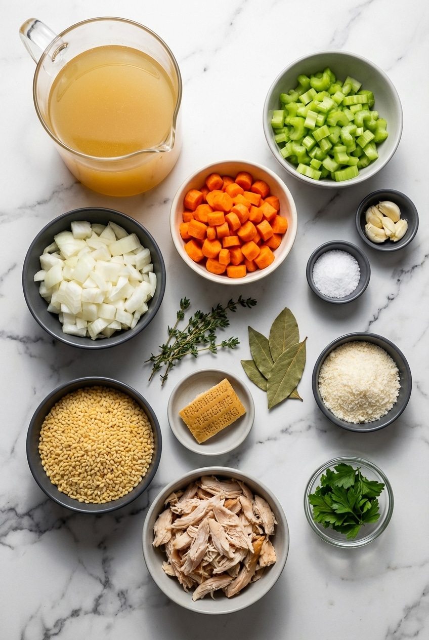 Ingredients for Italian Penicillin Soup including chicken broth, stelline pastina, mirepoix, and fresh ginger.