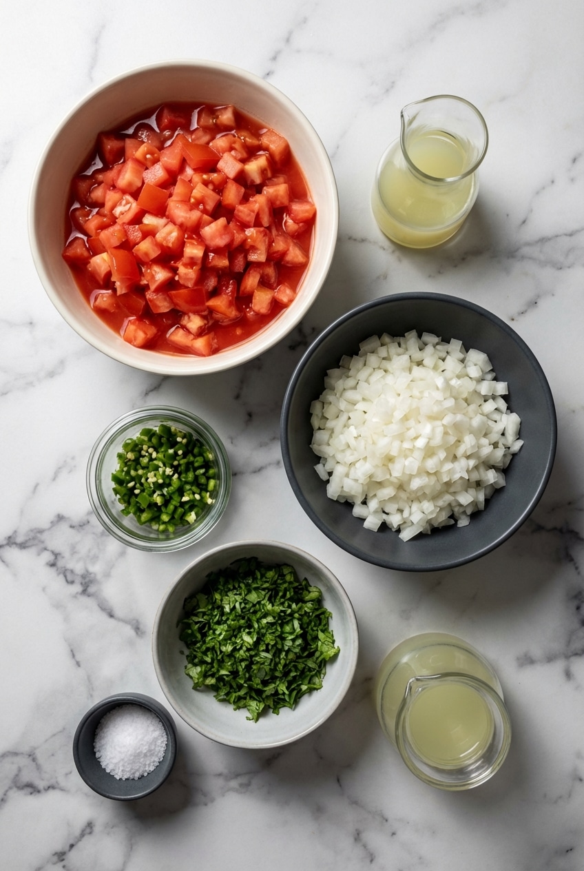 Raw ingredients for Pico de Gallo recipe including Roma tomatoes, fresh cilantro, and serrano peppers on a countertop.