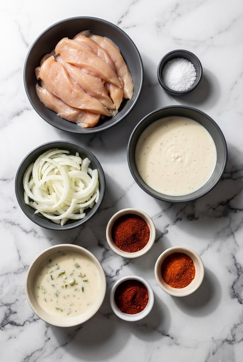 Flat lay of pollo fundido recipe ingredients including shredded chicken, Monterey Jack, and jalapeño cream cheese.