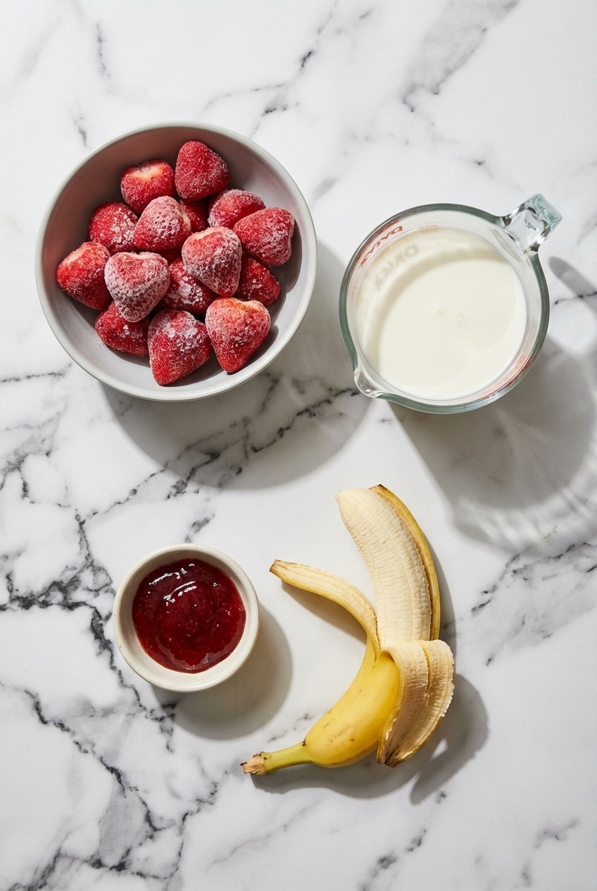 Ingredients for a strawberry banana smoothie laid out, including fresh strawberries, ripe bananas, and a bowl of Greek yogurt.