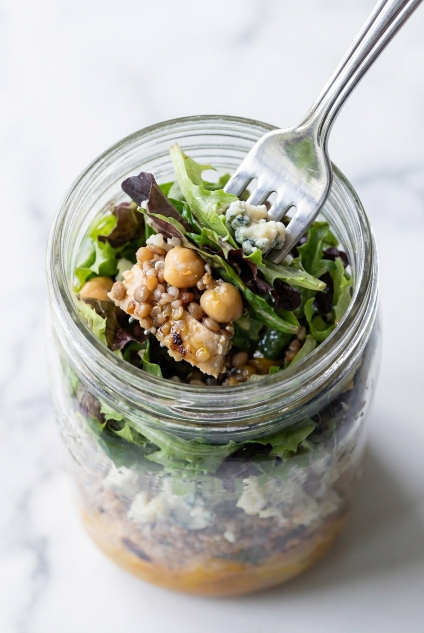 Colorful vegetables layered in a wide-mouth mason jar to demonstrate professional freshness and texture.