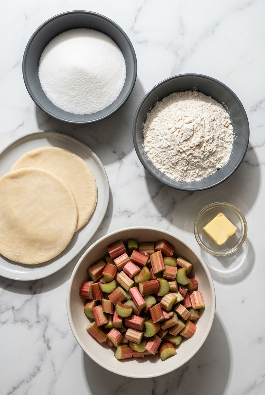 Flat lay of rhubarb pie ingredients including sliced rhubarb stalks, all-purpose flour, and fresh ginger.