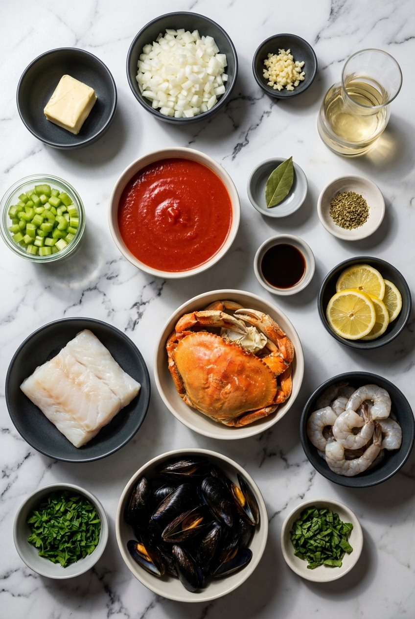 Flat lay of Cioppino Recipe ingredients including Dungeness crab, San Marzano tomatoes, and Pinot Grigio.