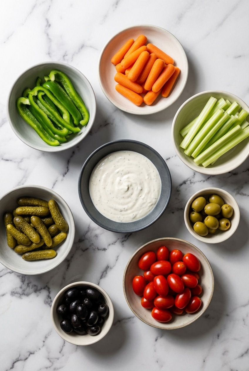 Ingredients for a turkey veggie tray, including fresh bell peppers, cucumbers, carrots, broccoli, and a bowl of ranch dip.