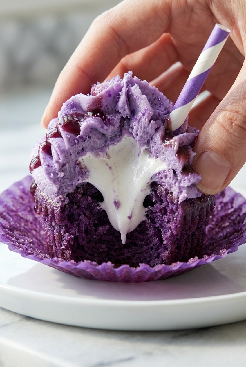 Perfectly baked Grape Soda Cupcakes sitting in a muffin tin with bright purple liners, ready for frosting.