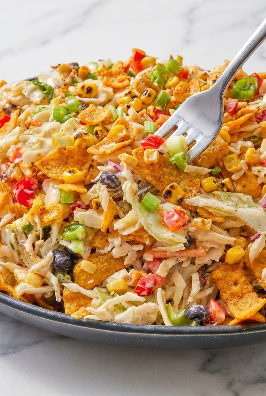 Close-up of frito cowboy cabbage highlighting the contrast of creamy dressing and golden skillet-charred corn kernels.