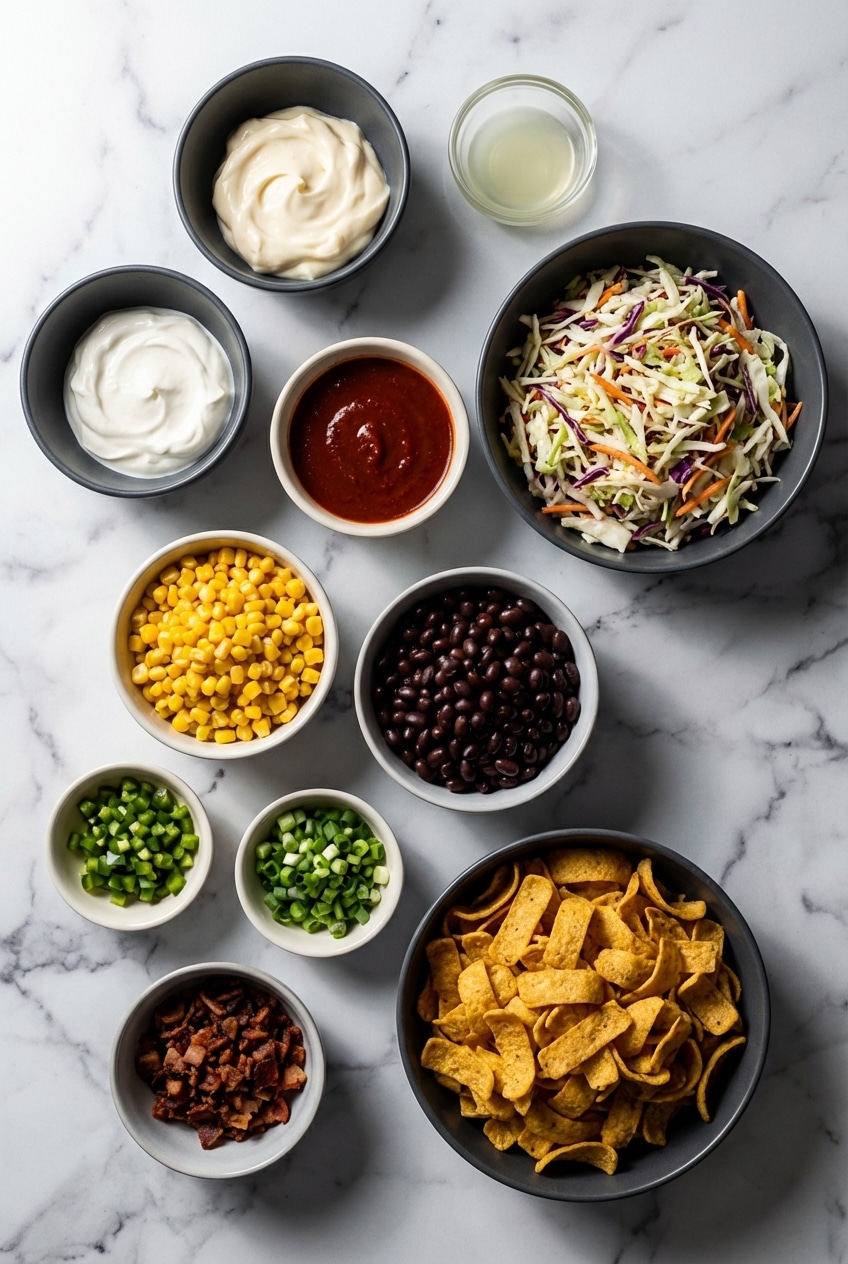 Overhead view of ingredients for frito cowboy cabbage including coleslaw mix, black beans, and chipotle in adobo.