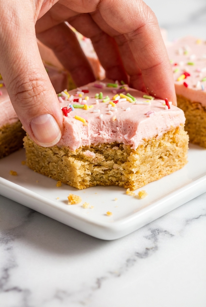 An offset spatula smoothing thick frosting over a tray of freshly baked sugar cookie bars on parchment paper.