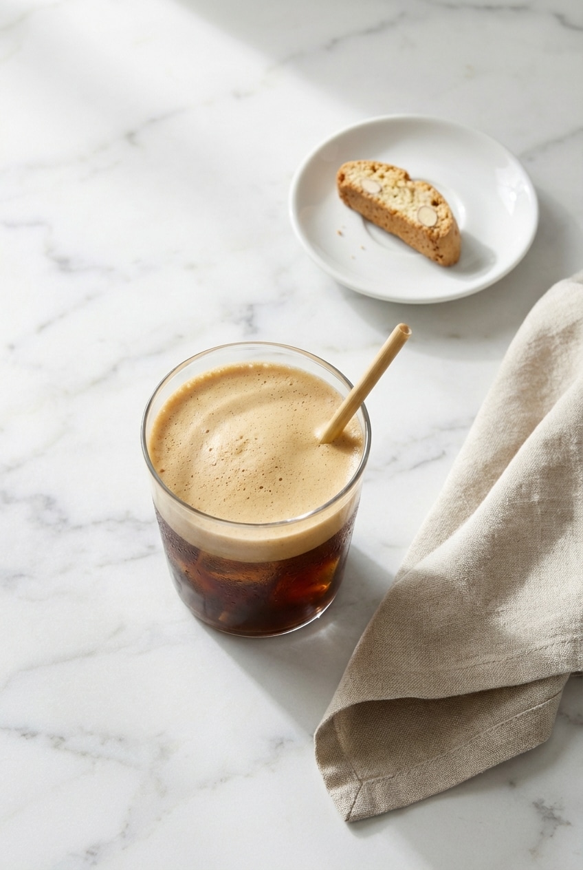 Using a handheld milk frother to blend a Freddo Espresso recipe into a thick, aerated crema texture.