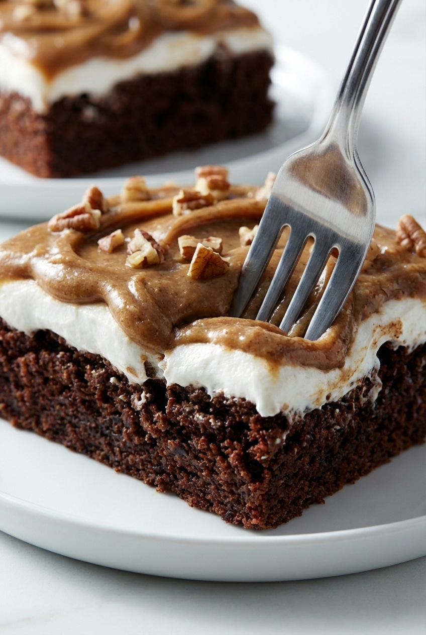 A close-up of the fudgy, moist crumb of the Mississippi mud cake, showing the distinct layers of chocolate cake and melted marshmallow.