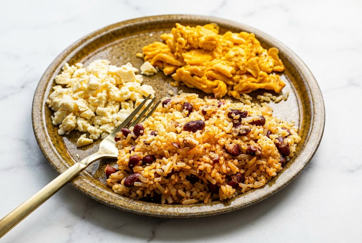Achiote-infused gallo pinto with crispy double-fried rice grains and savory black beans.