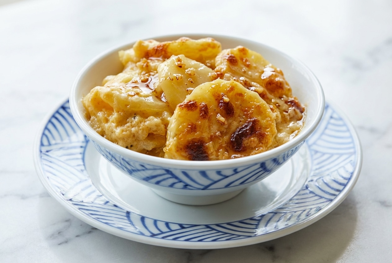Golden bubbly potatoes au gratin in a casserole dish made with a savory garlic-infused brown butter roux.
