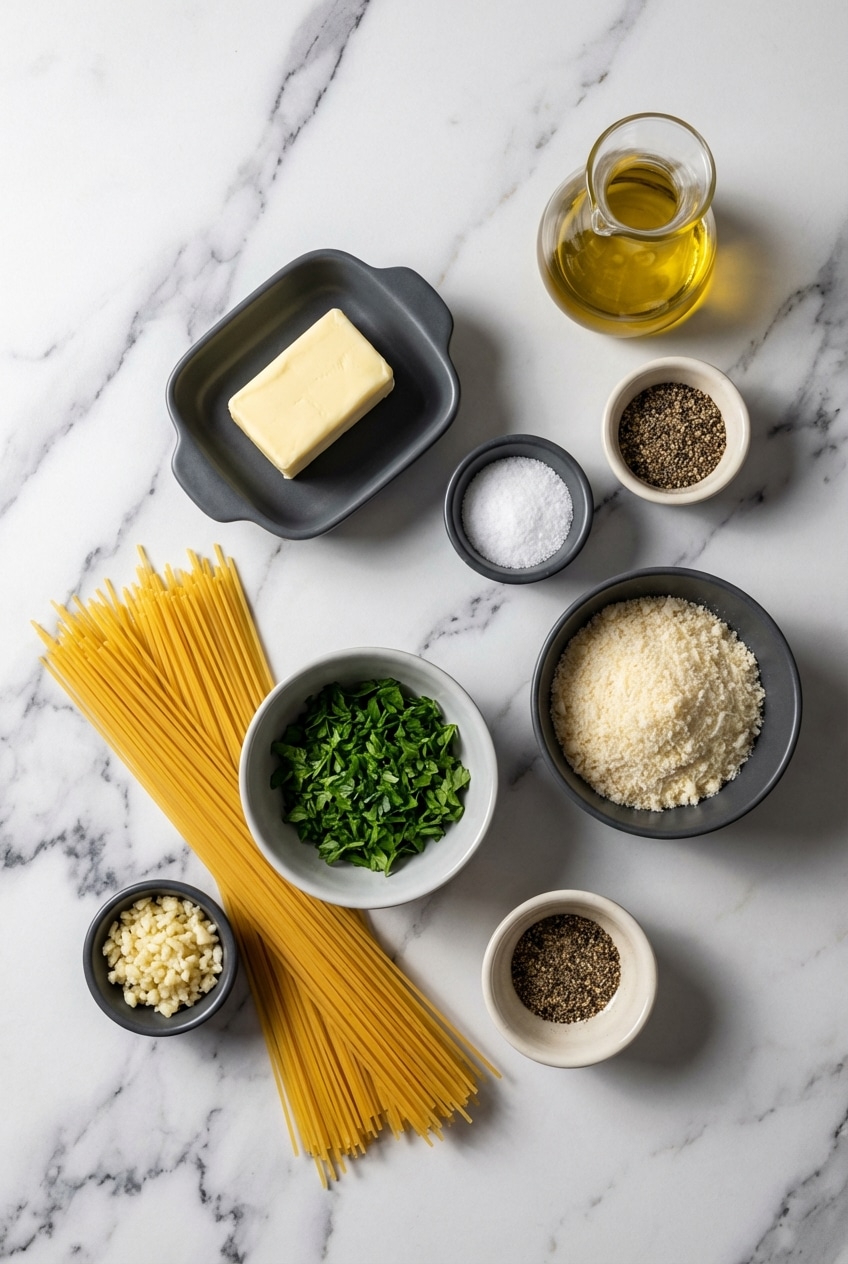 Flat lay of garlic butter pasta ingredients: minced garlic, unsalted butter, and Parmigiano Reggiano on a countertop.