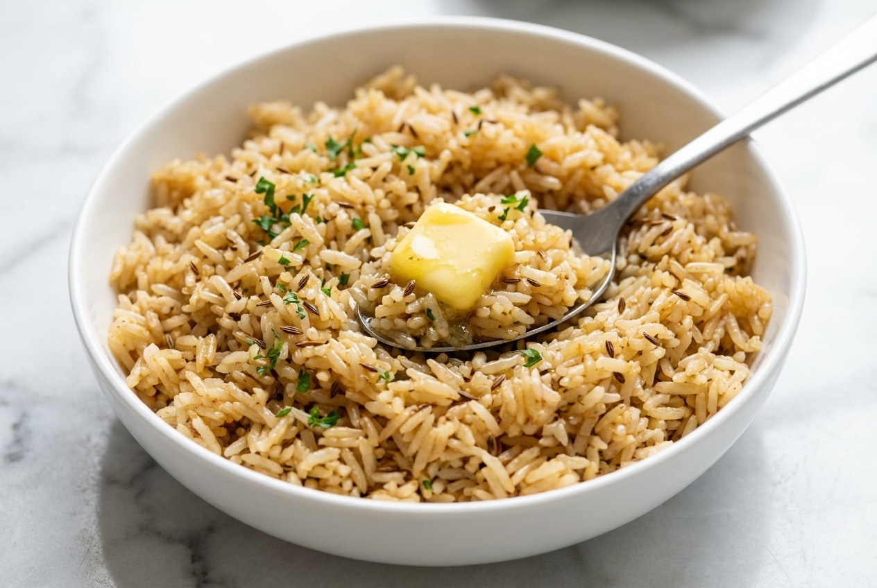 Fluffy Garlic Butter Rice with toasted cumin and nutty brown butter in a ceramic bowl.