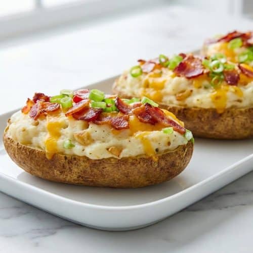 Twice baked potatoes stuffed with garlic-confit and creamy Boursin whipped filling topped with melted cheddar.
