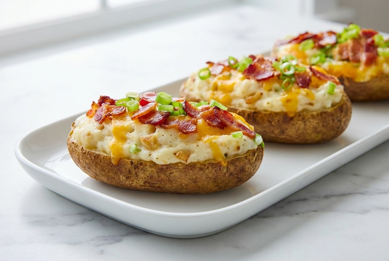 Twice baked potatoes stuffed with garlic-confit and creamy Boursin whipped filling topped with melted cheddar.