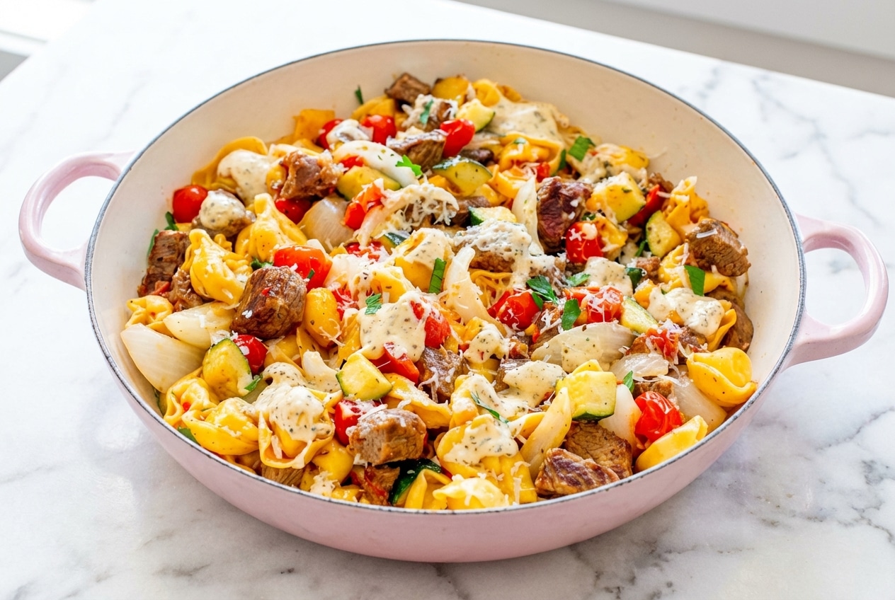Garlic Parmesan Steak Tortellini with seared sirloin bites in a rich, homemade Parmigiano-Reggiano heavy cream sauce.