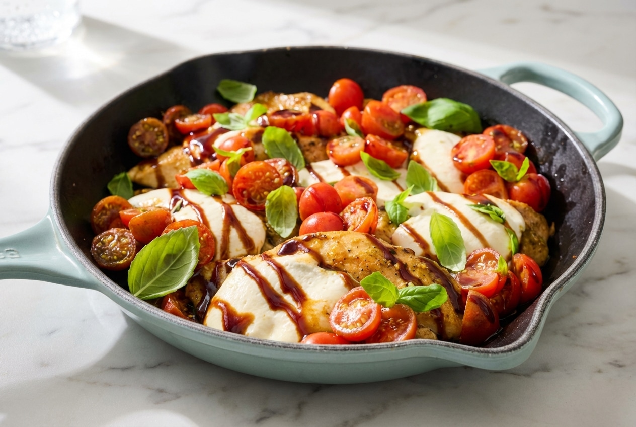 Sizzling chicken caprese topped with creamy burrata cheese, fresh basil, and a savory garlic-rub finish.