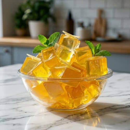 Chilled gelatin diet trick recipe squares with a vibrant ginger-mint infusion bloom for a refreshing, firm texture.