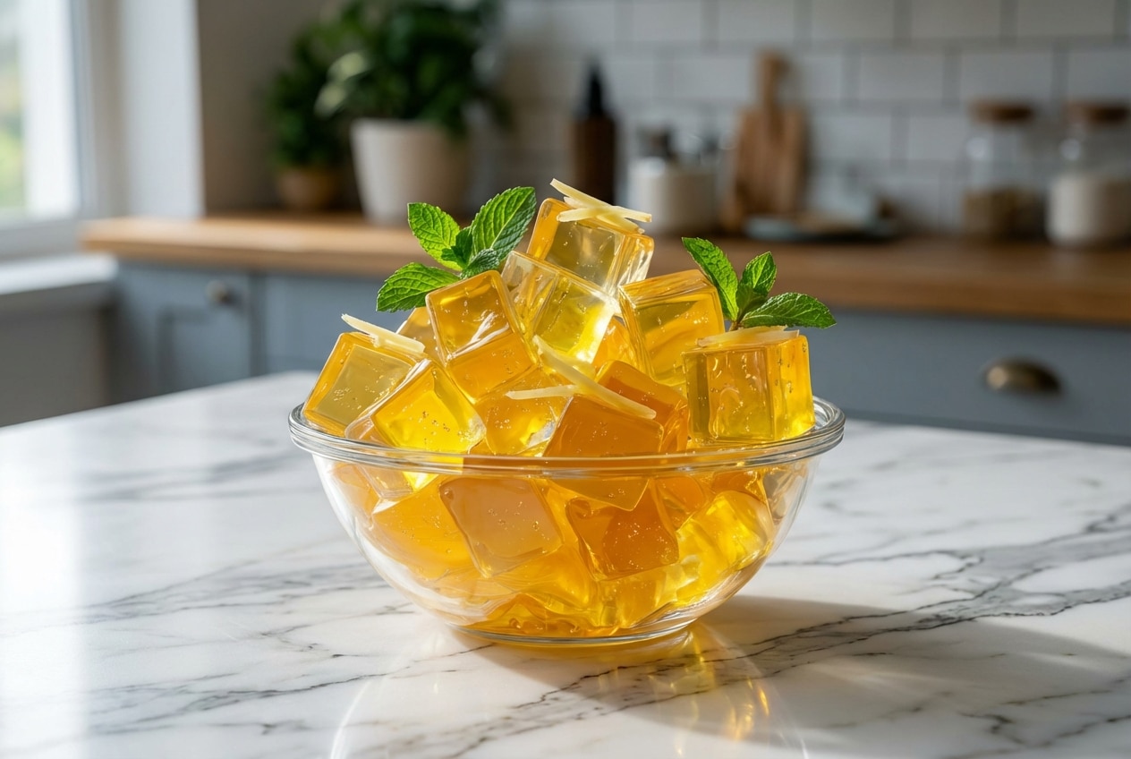 Chilled gelatin diet trick recipe squares with a vibrant ginger-mint infusion bloom for a refreshing, firm texture.