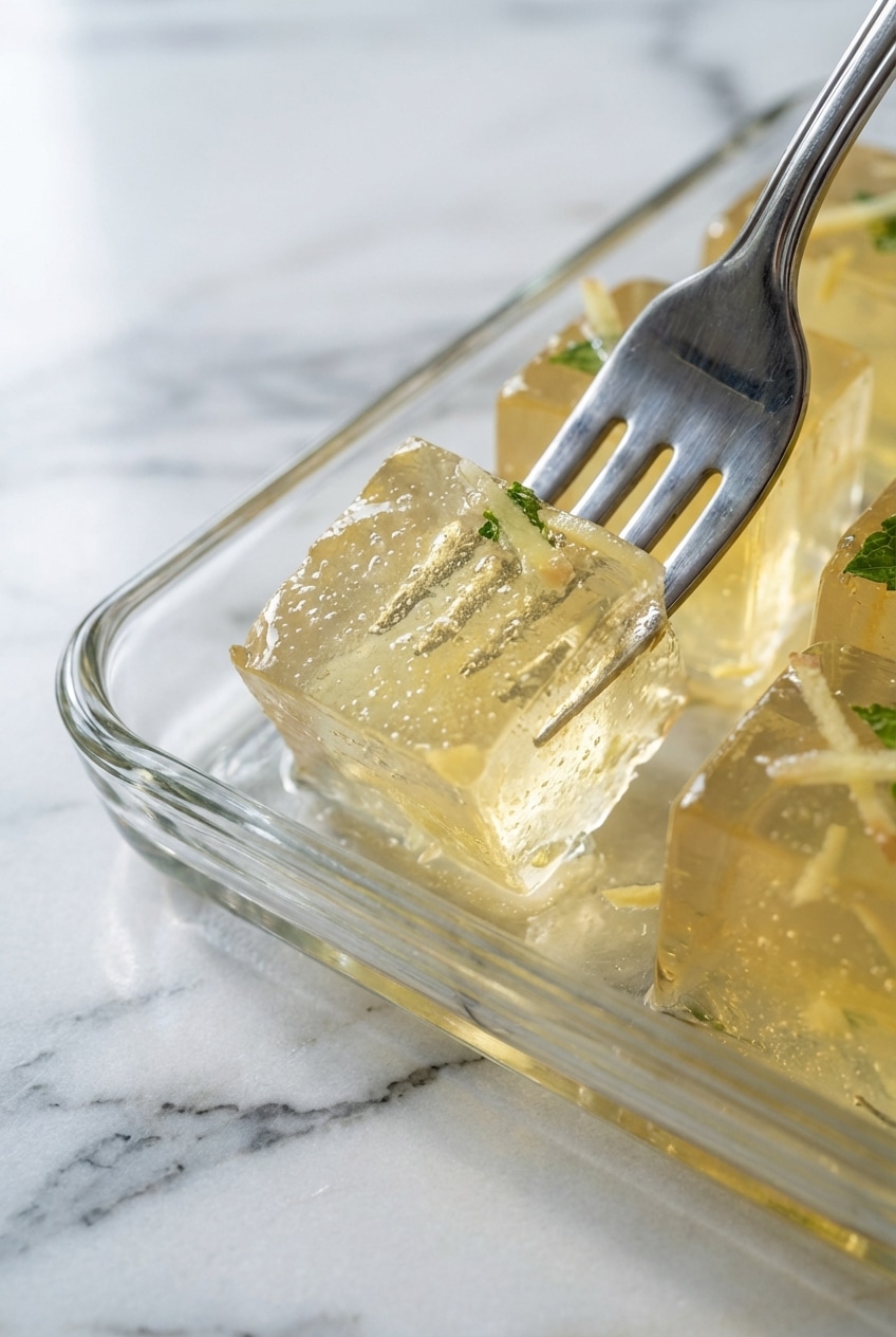 Close-up showing the clear, firm consistency of the gelatin diet trick recipe with suspended mint leaves.