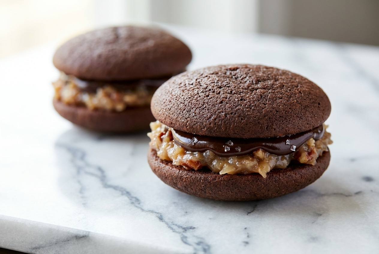German chocolate whoopie pies filled with coconut pecan custard and a salted espresso ganache layer.
