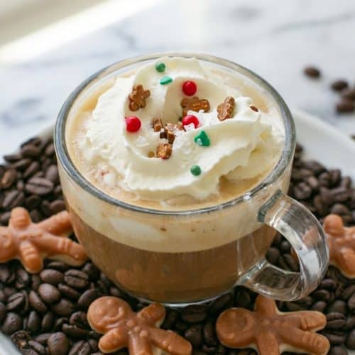 Mug of gingerbread latte recipe with sea salt and vanilla infused frothed milk over dark espresso.