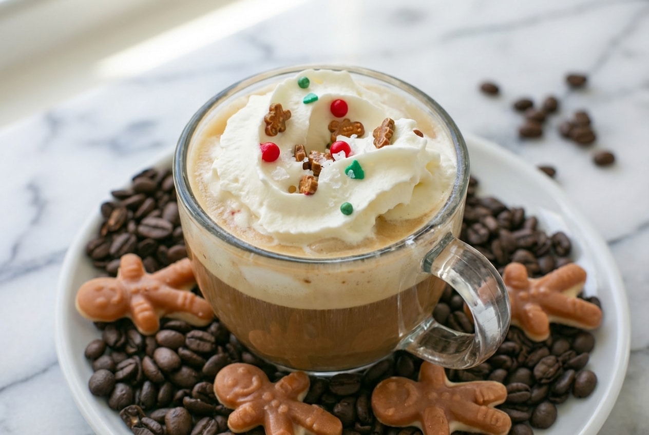 Mug of gingerbread latte recipe with sea salt and vanilla infused frothed milk over dark espresso.