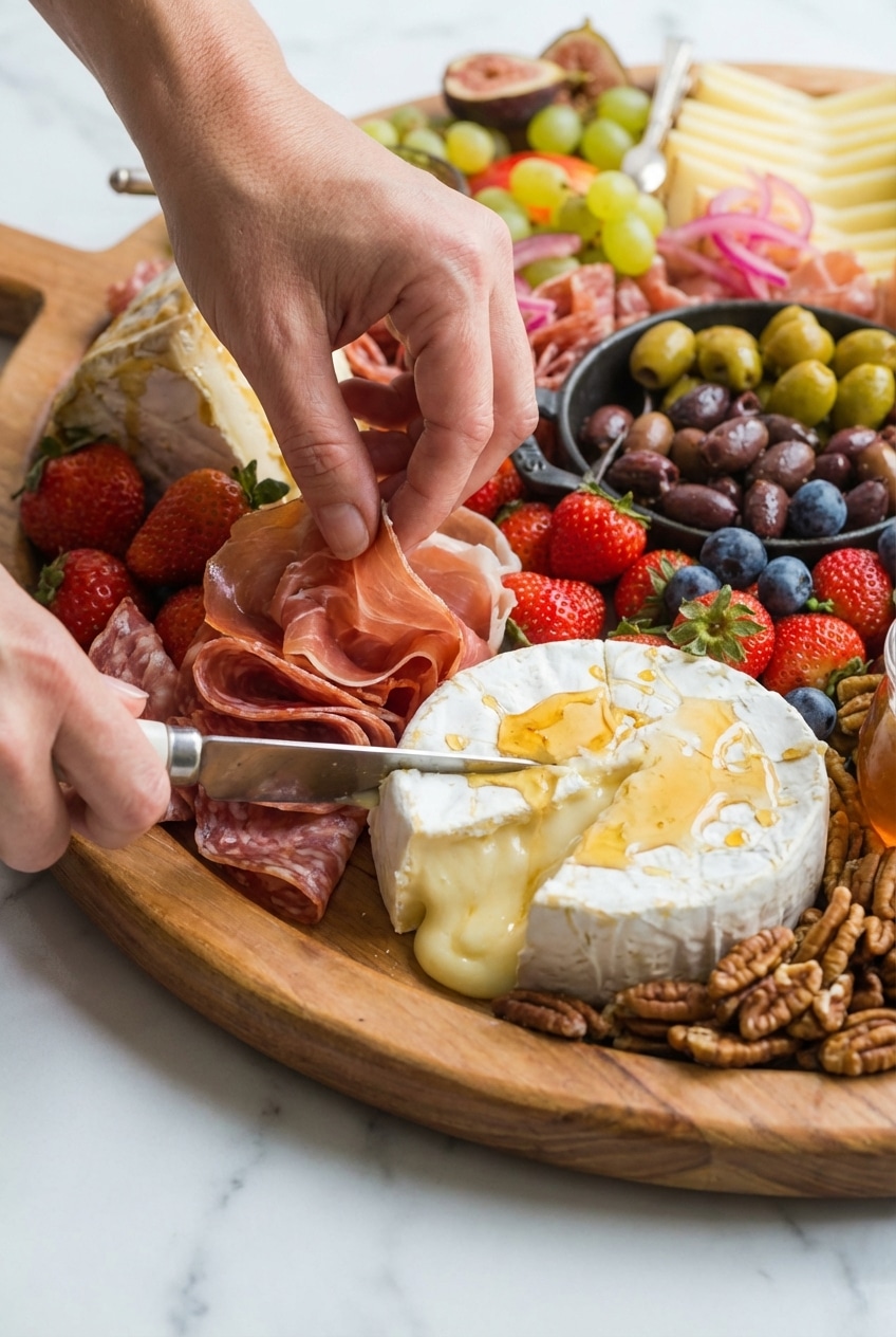 Detailed arrangement of a charcuterie board with folded salami, manchego wedges, and a ramekin of pickled onions.