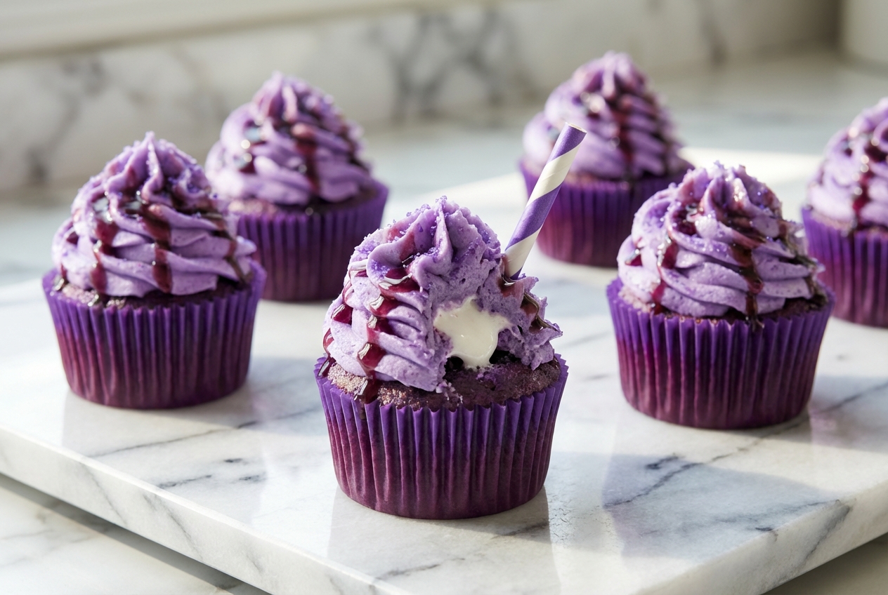 Vibrant Grape Soda Cupcakes frosted with buttercream and featuring a hidden marshmallow fluff core inside.