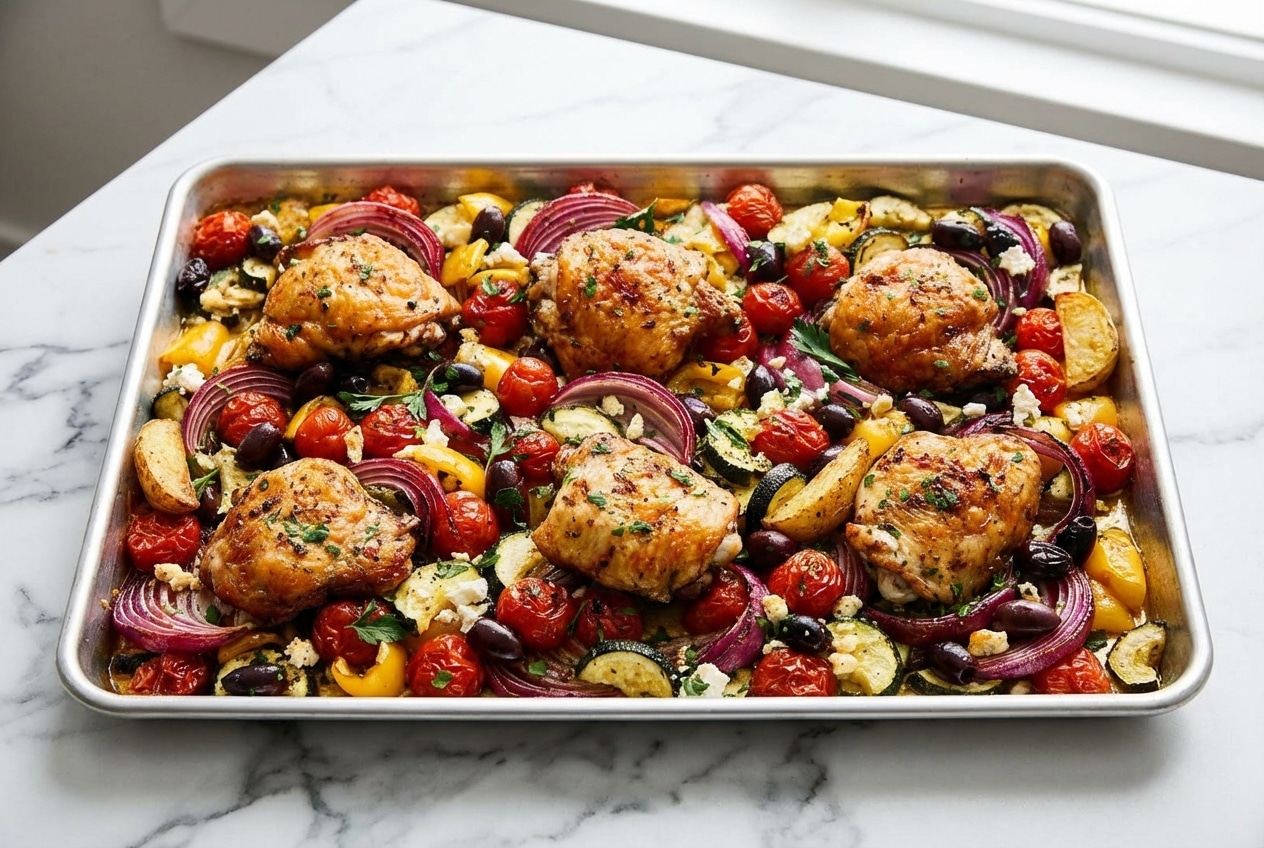 Golden roasted greek sheet pan chicken thighs served with crispy potatoes cooked using the staggered method and tender zucchini.